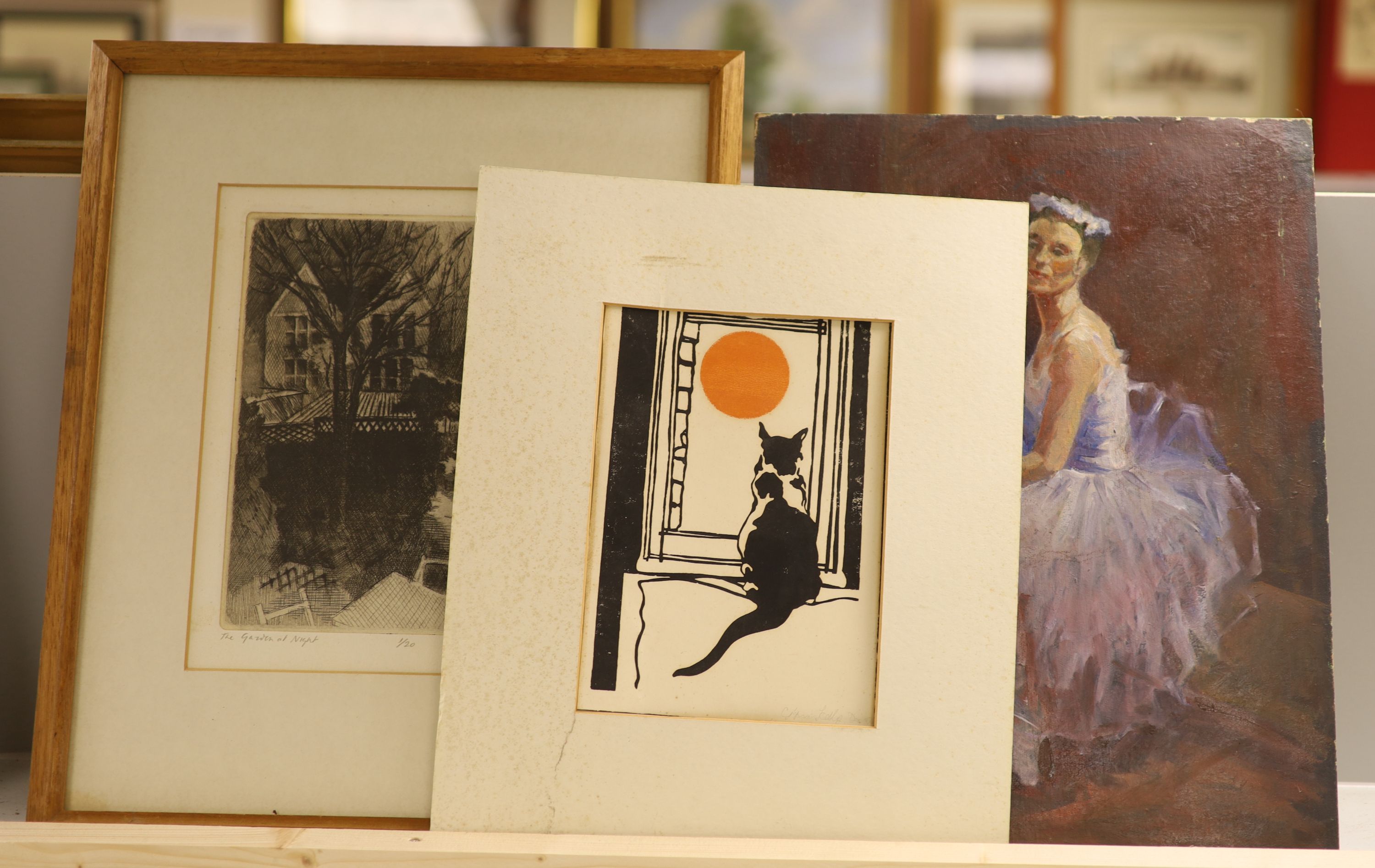Gabriel White (1902-1988), etching, The Garden at Night, 1/20, 23 x 17cm, an unframed oil sketch of a ballet dancer, initialled MER, 41 x 31cm and an unframed linocut of a cat, signed Kelly, 21 x 16cm